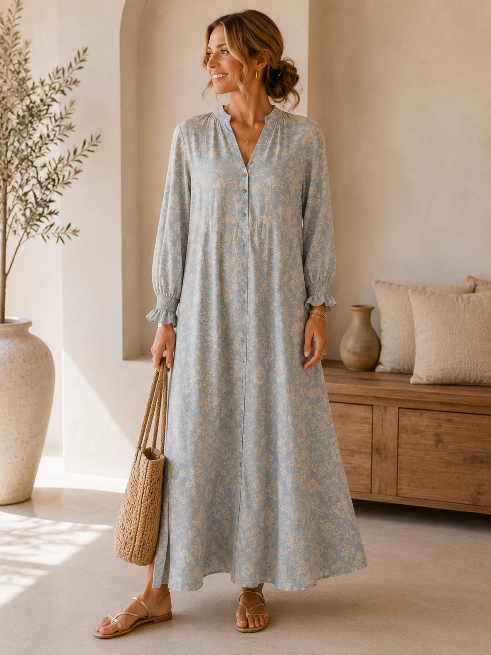 Dolssaci maxi jurk S lichtblauw geborduurd tencel katoen nieuw